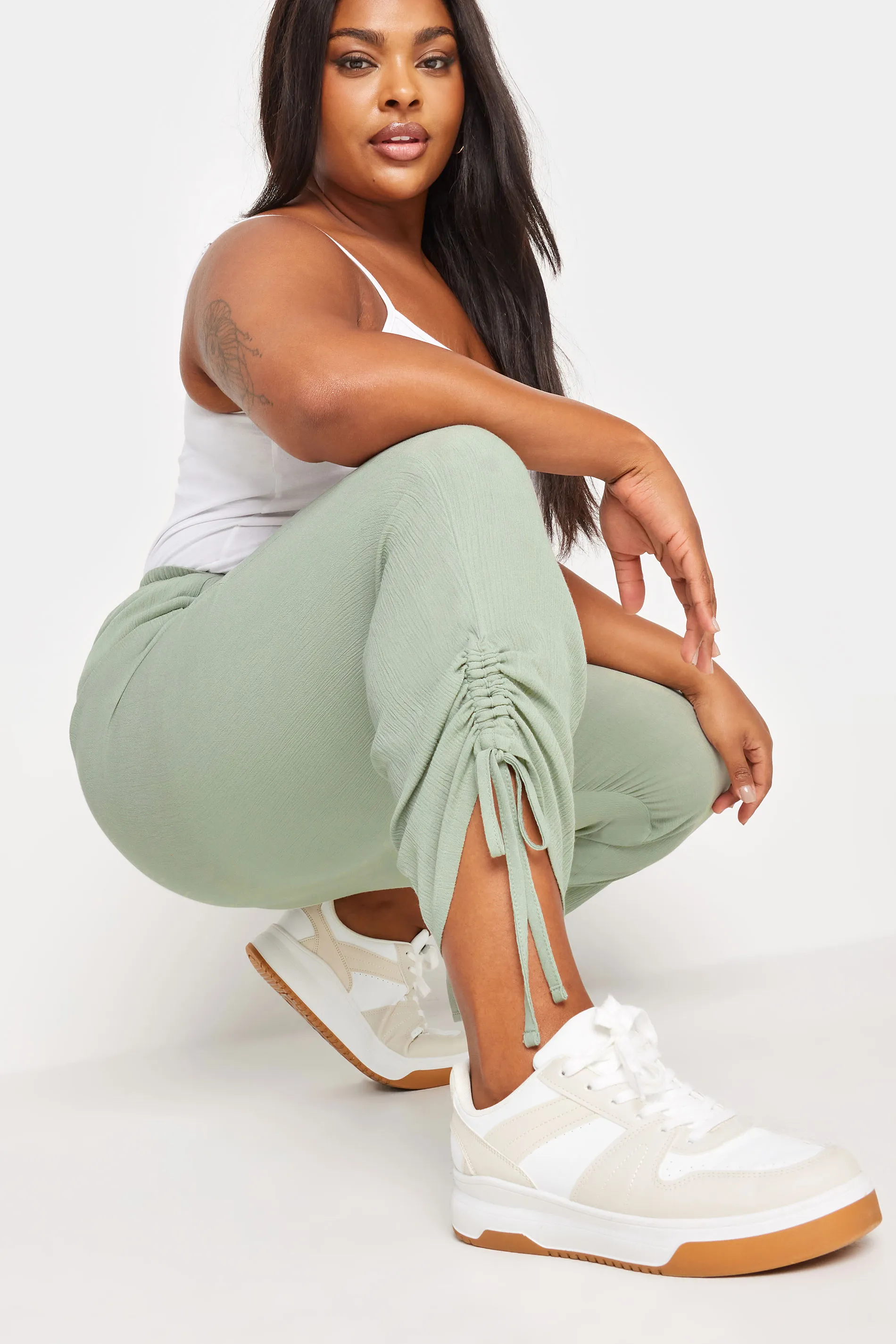 YOURS Curve Sage Green Crinkle Ruched Cropped Trousers