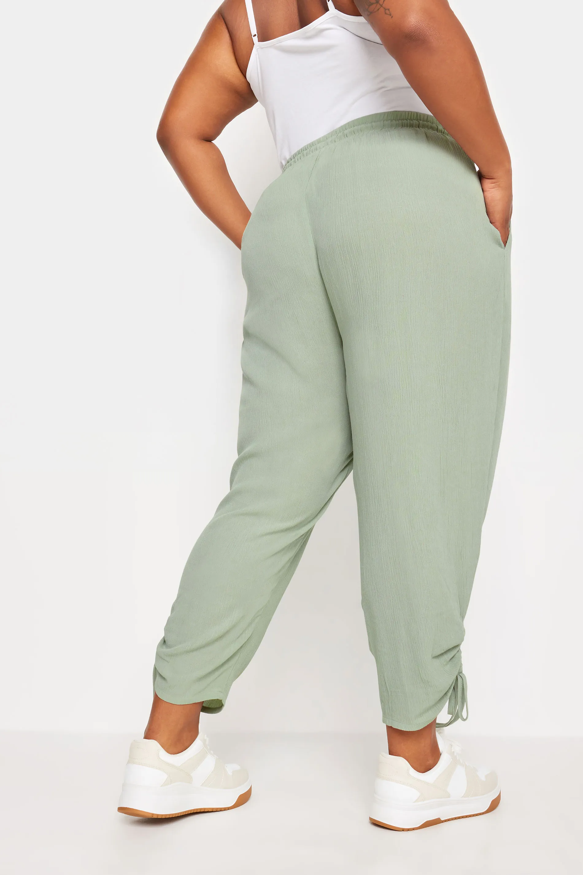 YOURS Curve Sage Green Crinkle Ruched Cropped Trousers