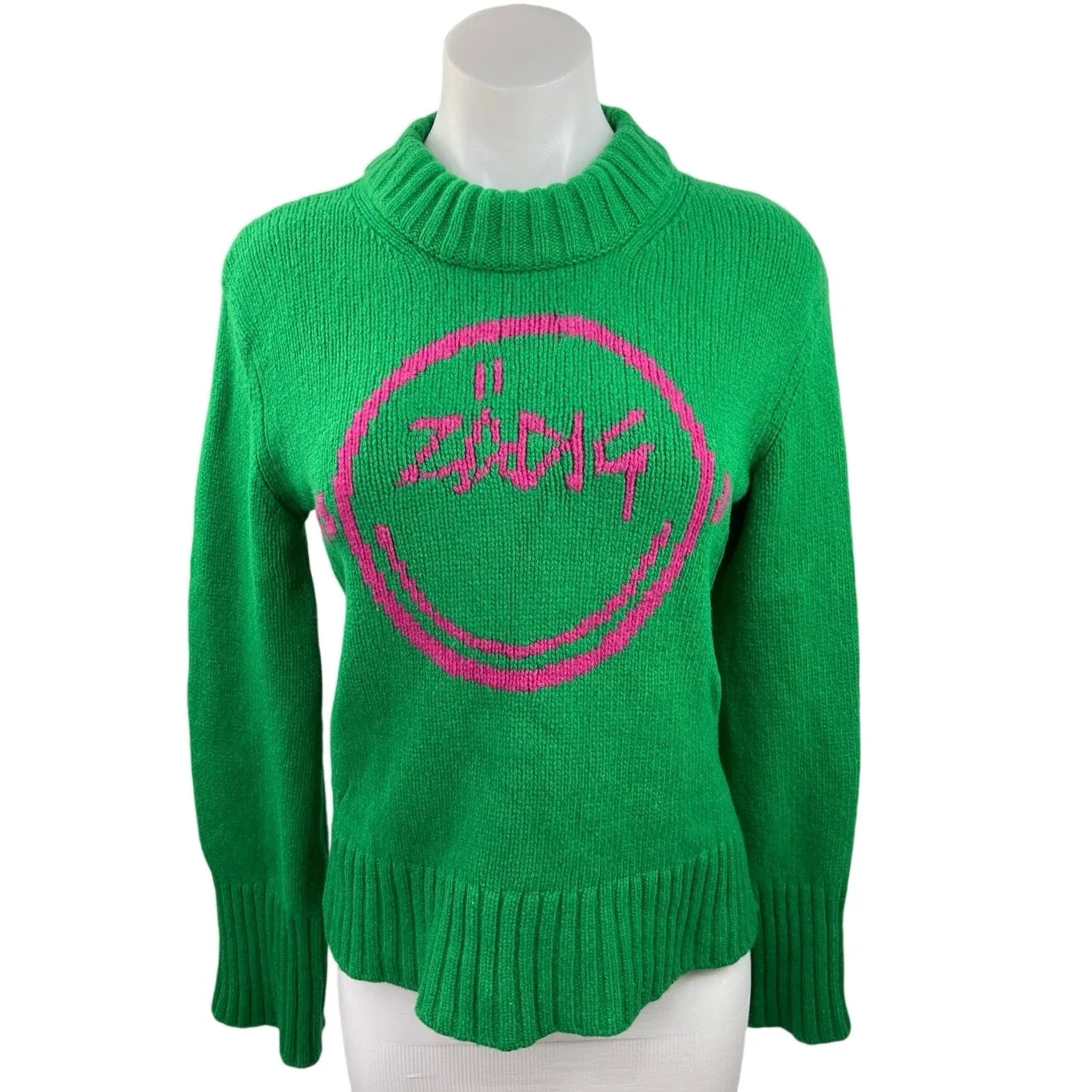 Zadig & Voltaire Lana We Happy Green Knitted Mock Neck Long Sleeve Sweater Top L