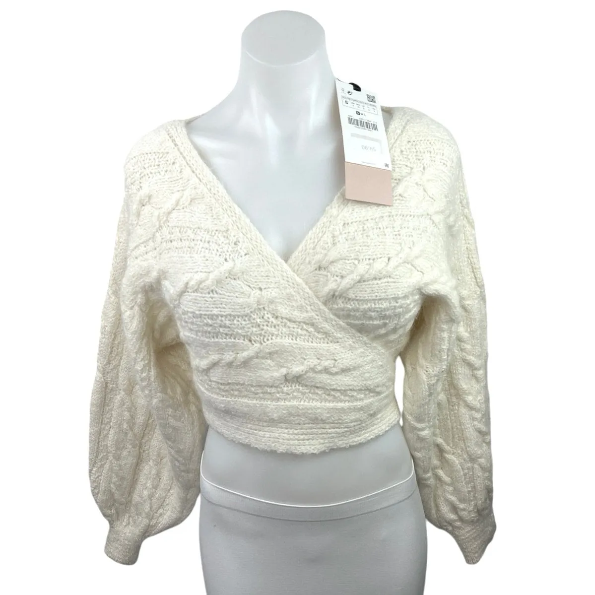 Zara NWT Beige Cable Knit Balloon Sleeve Tie Waist Wrap Style Cardigan Sweater S